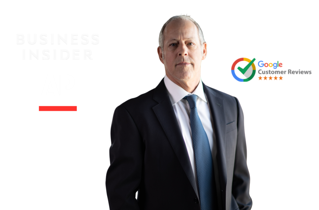 A man in a suit stands next to logos, including Business Insider, AP, Attorney at Law Magazine, Super Lawyers, and Google Customer Reviews.